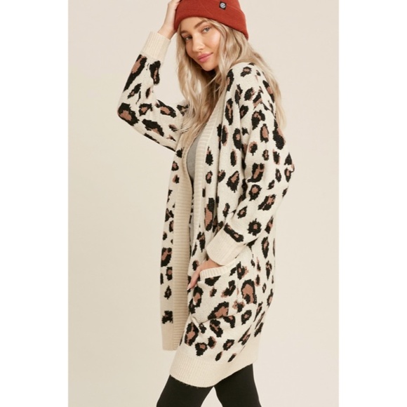 SOLD OUT Oatmeal Leopard Animal Print Open Front Knit Long Sleeve Casual - Picture 8 of 11